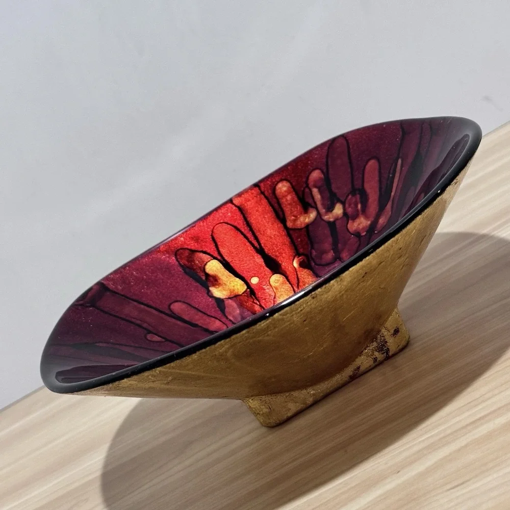 VTG Bowl Red Gold Black Enamel On Glass Underside Gold Foil Paint Italy Pier 1